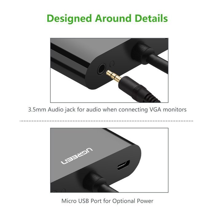 Ugreen Active Micro HDMI to HDMI VGA Video Converter Adapter with 3.5mm Audio Jack and Micro-USB Power for Ultrabooks... N13