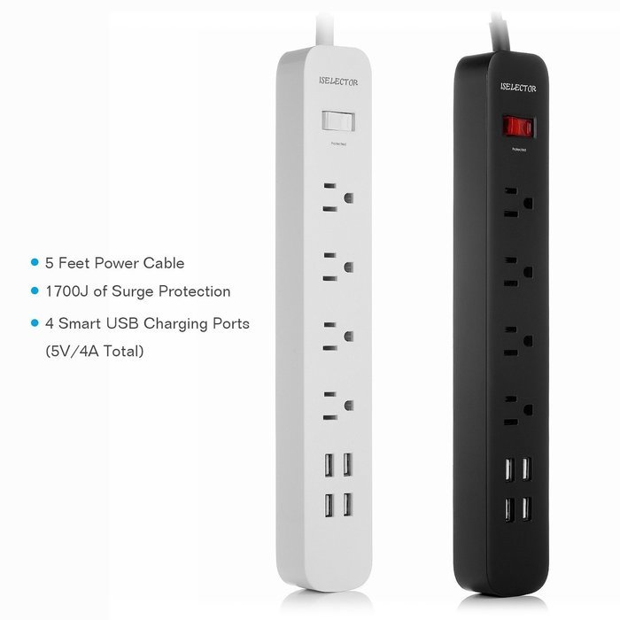 2-Pack ISELECTOR 4-Outlet Surge Protector Power Strip with 4 USB Charging Ports N3