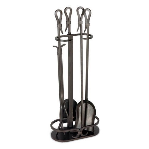 Burnished Black 5-Pc Iron Gate Fireplace Toolset w Stand