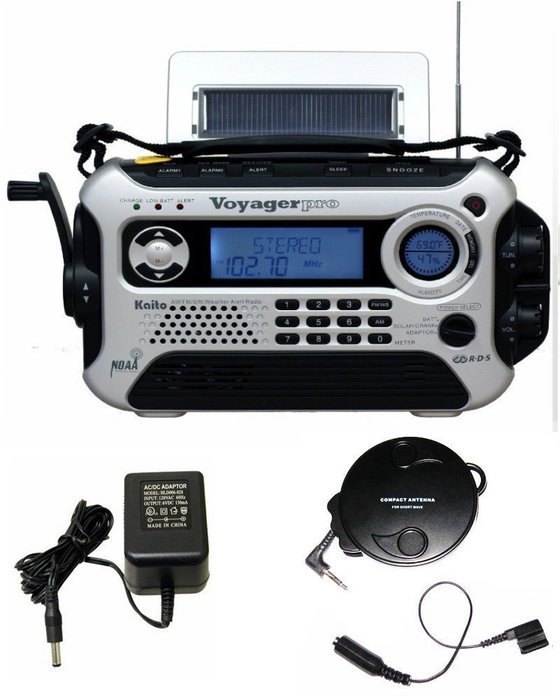 Kaito KA600 Silver Solar/Crank AM/FM/SW NOAA Weather Radio, BONUS AC adapter/charger, Bonus Reel Antenna, 5-LED...