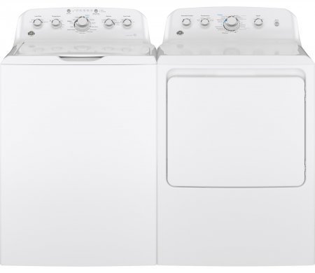 GE White Top Load Laundry Pair with GTW460ASJWW 27" Washer and GTD42GASJWW 27" Gas Dryer N3