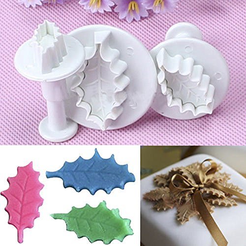 Generic 3pcs Baking Tool Cake Decorating Fondant Holly Leaf Mould Plunger Cutter Mold N2