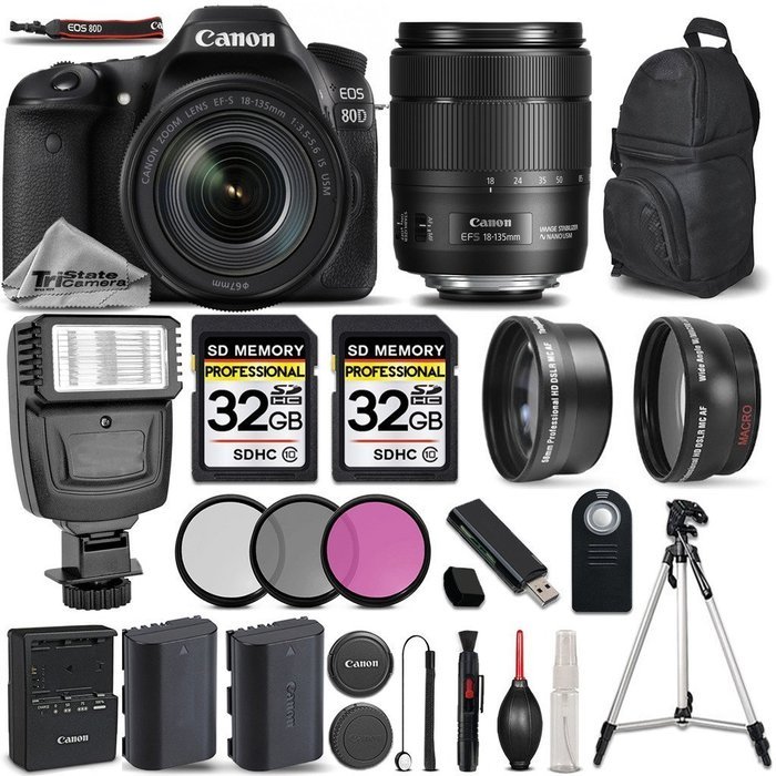 Canon EOS 80D Wi-Fi Full HD 1080P Digital SLR Camera + Canon 18-135mm IS USM Lens + .43x Wide Angle Lens + 2.2X...