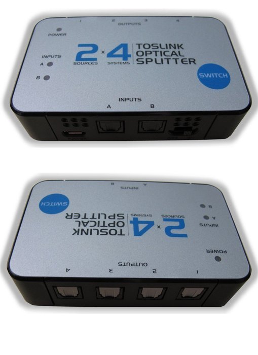 2x4 TOSlink Optical Audio Splitter Distribution Amplifier Amp Distributor Multiplier