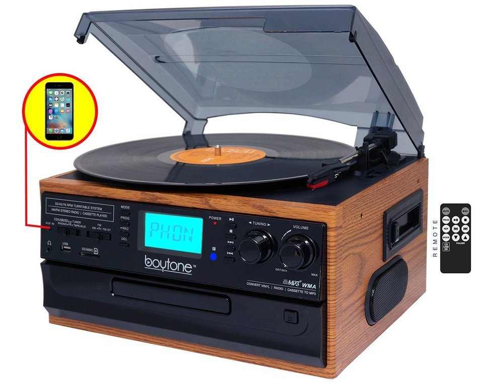 Boytone BT-21DJW-C, 3 Speed Turntable Ability to convert vinyl record, CD, Cassette, AM/FM Radio into MP3 files...