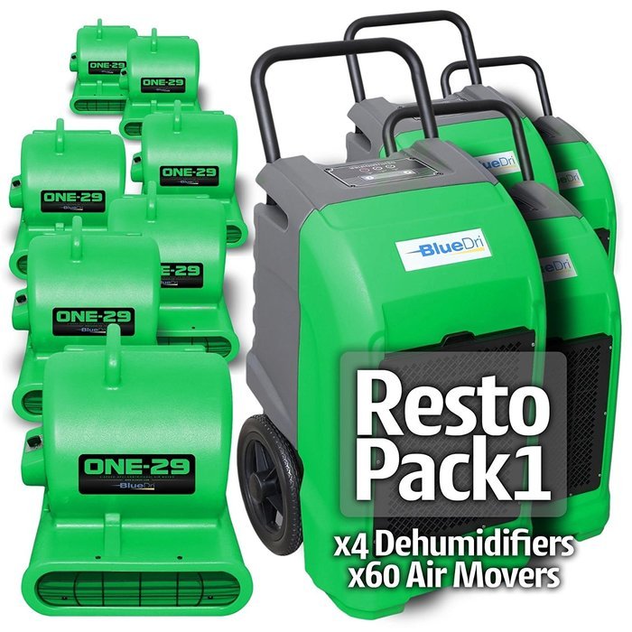 BlueDri RestoPack1 includes 4x 76 Pint PPD Stackable Commercial Dehumidifiers 60x 1/3 HP 3 Speed 2.9 Amp One-29... N9