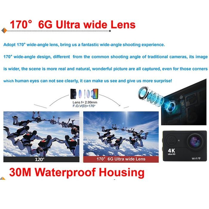 Daretang(tm) H9 2.0 Inch 170 Degree 6g Ultra-wide Angle Lens 4k Ultra-hd 30-meter Waterproof Wi-fi Sports Diving... N16