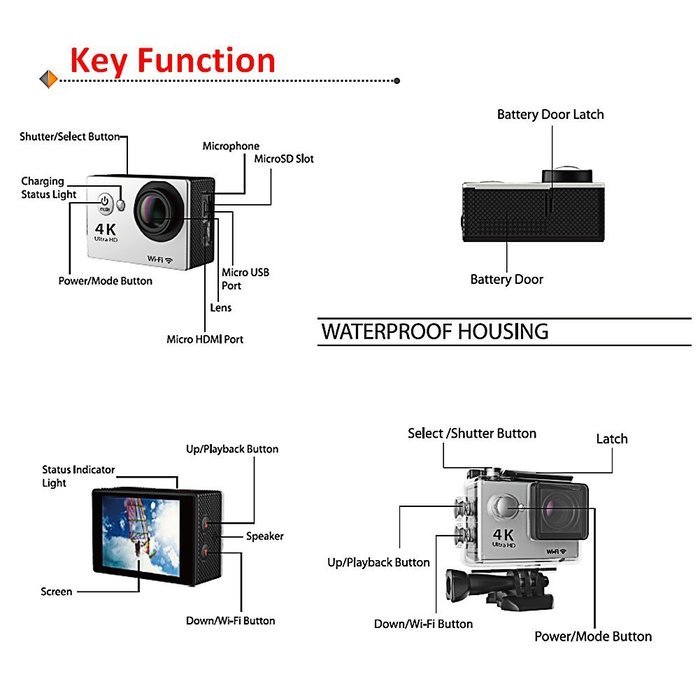 Daretang(tm) H9 2.0 Inch 170 Degree 6g Ultra-wide Angle Lens 4k Ultra-hd 30-meter Waterproof Wi-fi Sports Diving... N20