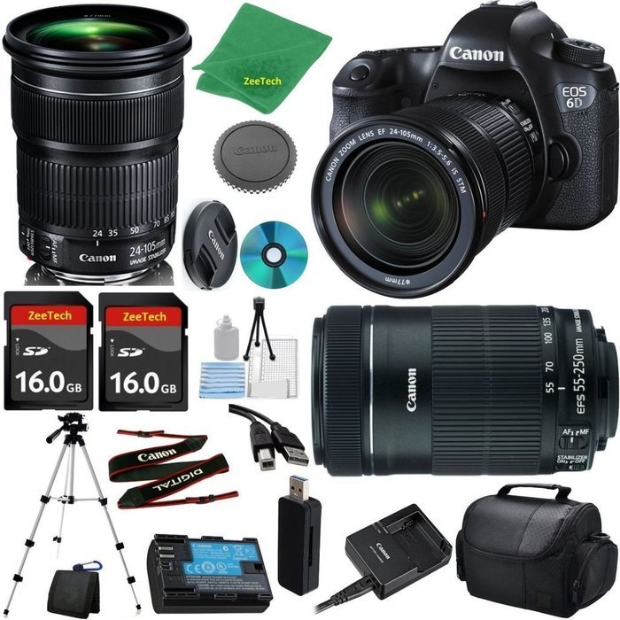 Canon EOS 6D Camera with 24-105mm IS STM Lens + 55-250mm STM + 2pcs 16GB Memory Card + Camera Case + Card Reader...