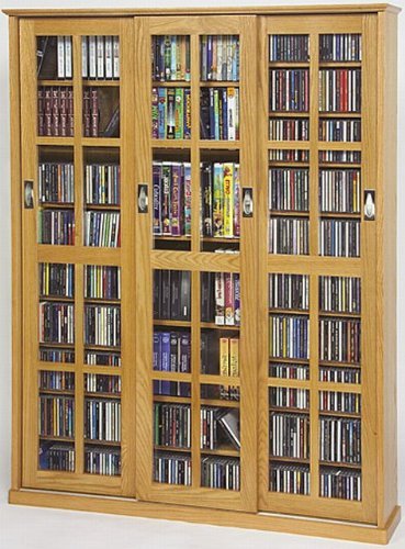 Multimedia Wall Cabinet w Three Sliding Doors w Glass Panes