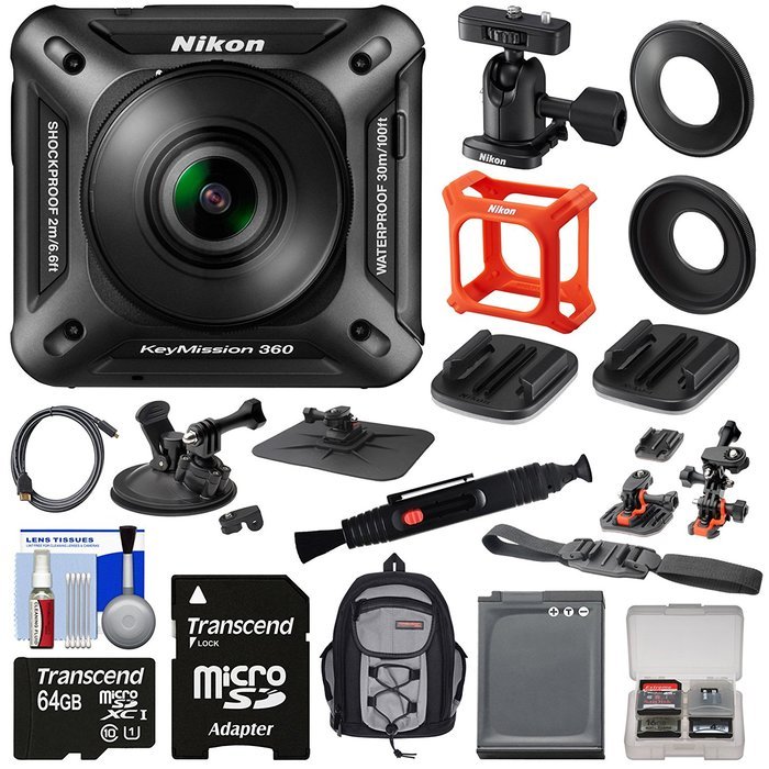 Nikon KeyMission 360 Wi-Fi Shock & Waterproof 4K Video Action Camera Camcorder + Suction Cup, Dashboard & Helmet...