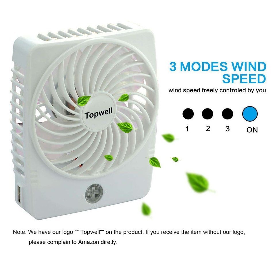 Topwell Mini Square Rechargeable Clip Base Fan with LED Light, Battery and USB Cable, Black