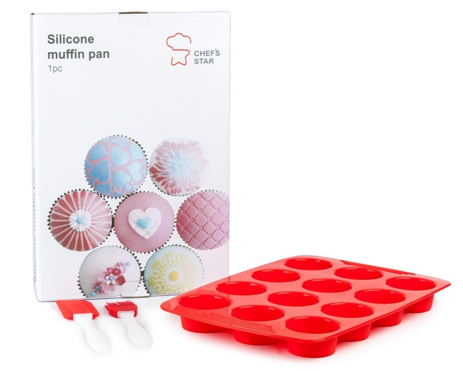 Chef's Star Silicone Pop Out Muffin and Cupcake Pan 12 Cup, Reusable, Non-Stick, Easy To Clean, Oven Dishwasher... N3