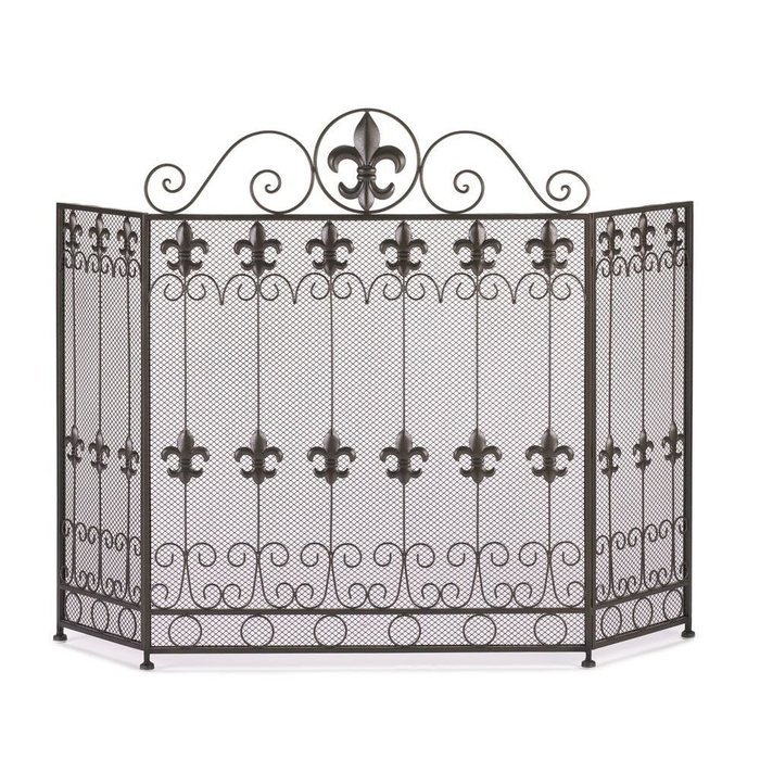 GHP French Revival Fleur De Lis Embellished Iron Fireplace Screen N2