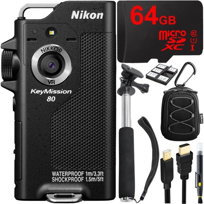 Nikon KeyMission 80 Full HD Action Camera with Built-In Wi-Fi + 64GB MicroSD Memory Card + Sport Case + 43" Selfie...