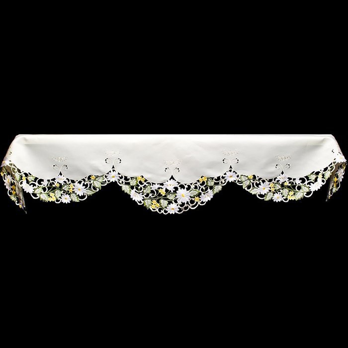 19" X 90" Wide Fireplace Mantel Scarf with White Daisy on White and Cut Work