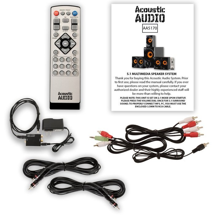 Acoustic Audio AA5170 Home 5.1 Bluetooth Speaker System with Optical Input and 2 Extension Cables N2