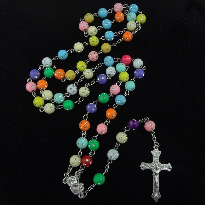 Unique Plastic Beads Rosary Muliticolor Catholic Necklace Cross N4
