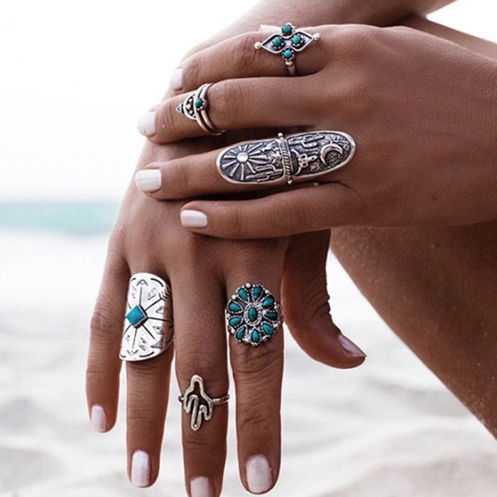 Yaheeda Women Finger Ring Accessories,9 Pcs Bohemia Style Retro Carved Nail Ring Set