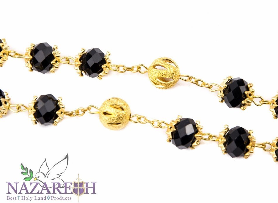 New High Quality St Benedict Gold Plated & Black Crystals Rosary Miraculous Medal