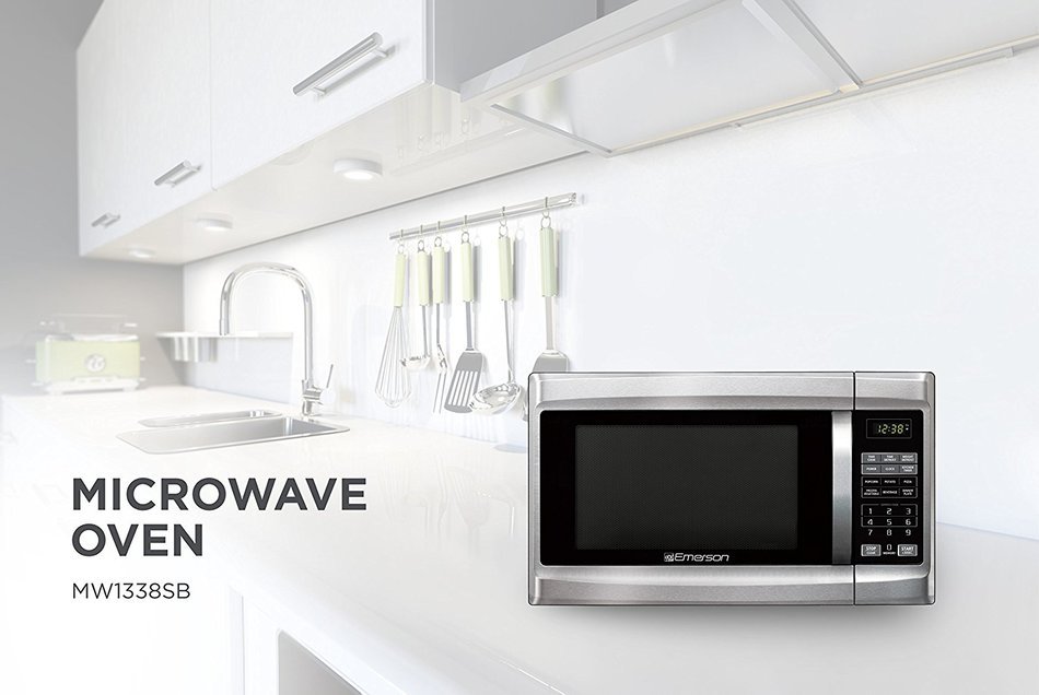 Emerson MW 1338SB, 1.3 CU. FT. 1000 Watt, Touch Control, Stainless Steel Front, Black Cabinent Microwave Oven N2