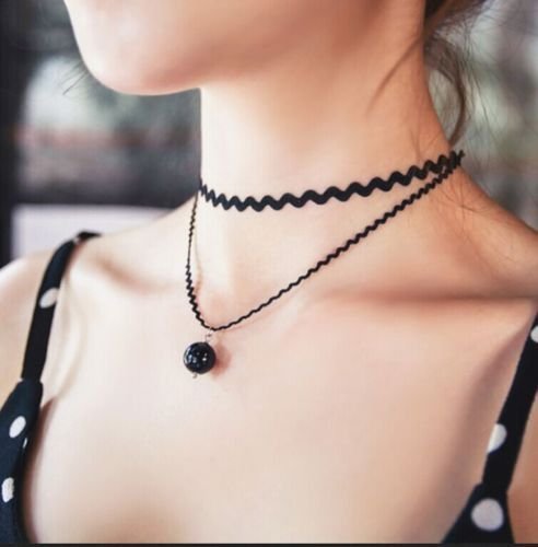 Elegant black lace Choker Pearl double clavicle necklace waves short chain NEW