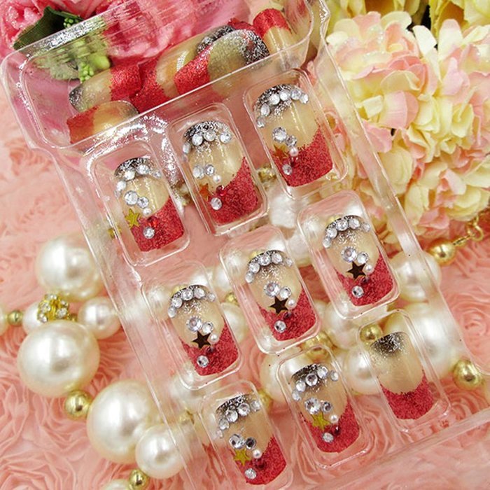 Spritech(TM) 24 Pre Design Elegant Flower Bling Rhinestone Fake Nail Piece for Bride Salon Laday Daily Use N5