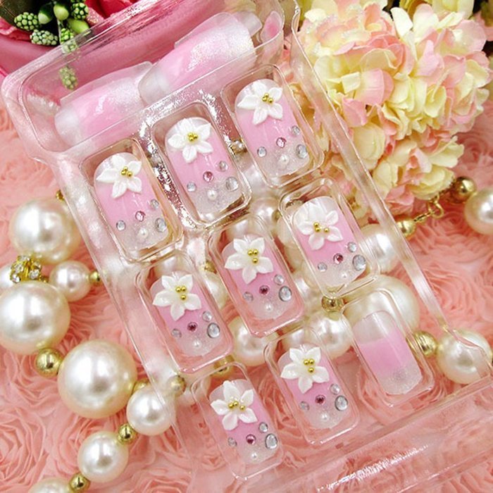 Spritech(TM) 24 Pre Design Elegant Flower Bling Rhinestone Fake Nail Piece for Bride Salon Laday Daily Use N8