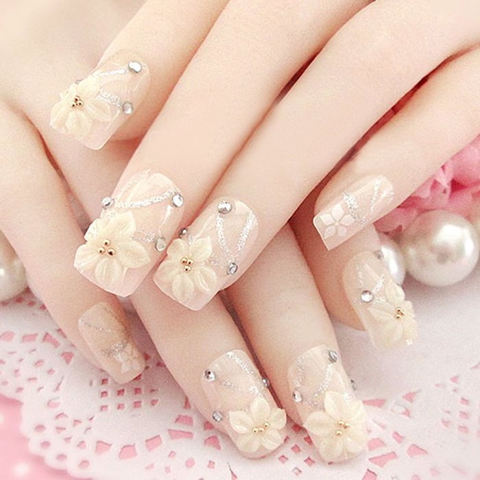 Spritech(TM) 24 Pre Design Elegant Flower Bling Rhinestone Fake Nail Piece for Bride Salon Laday Daily Use N9