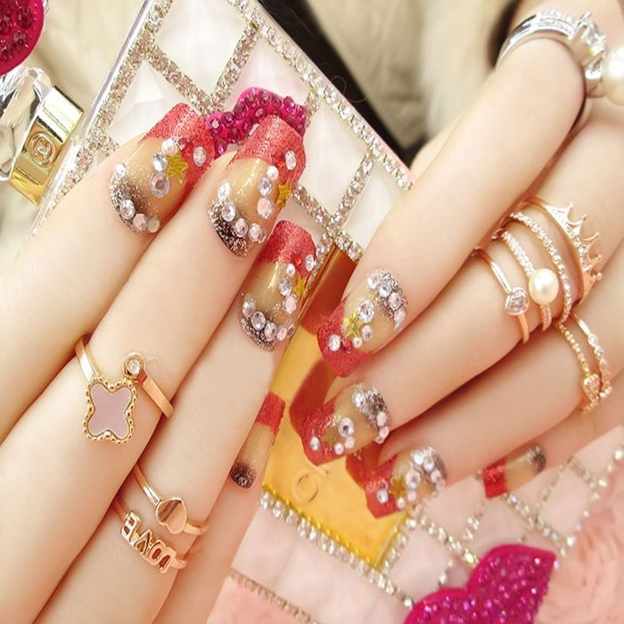 Spritech(TM) 24 Pre Design Elegant Flower Bling Rhinestone Fake Nail Piece for Bride Salon Laday Daily Use N10