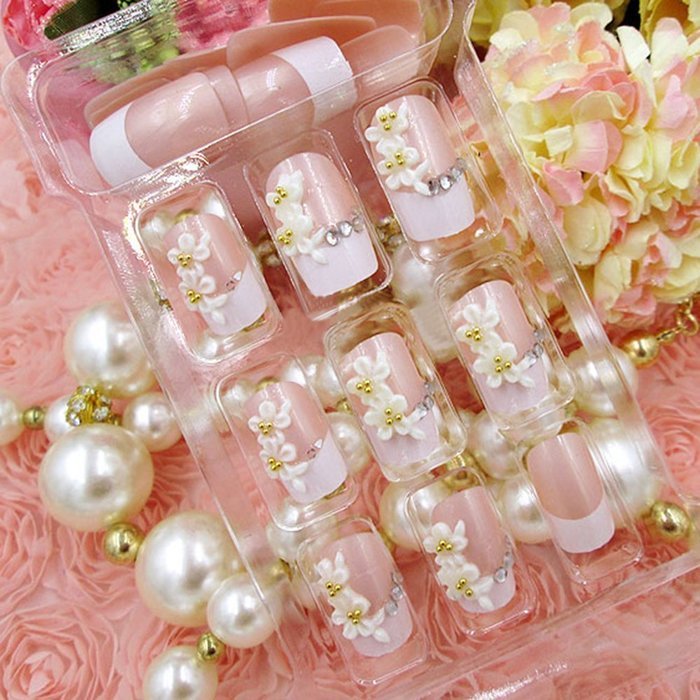 Spritech(TM) 24 Pre Design Elegant Flower Bling Rhinestone Fake Nail Piece for Bride Salon Laday Daily Use N14