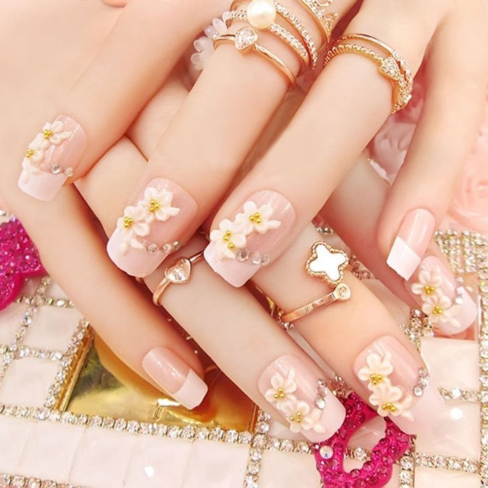 Spritech(TM) 24 Pre Design Elegant Flower Bling Rhinestone Fake Nail Piece for Bride Salon Laday Daily Use N15