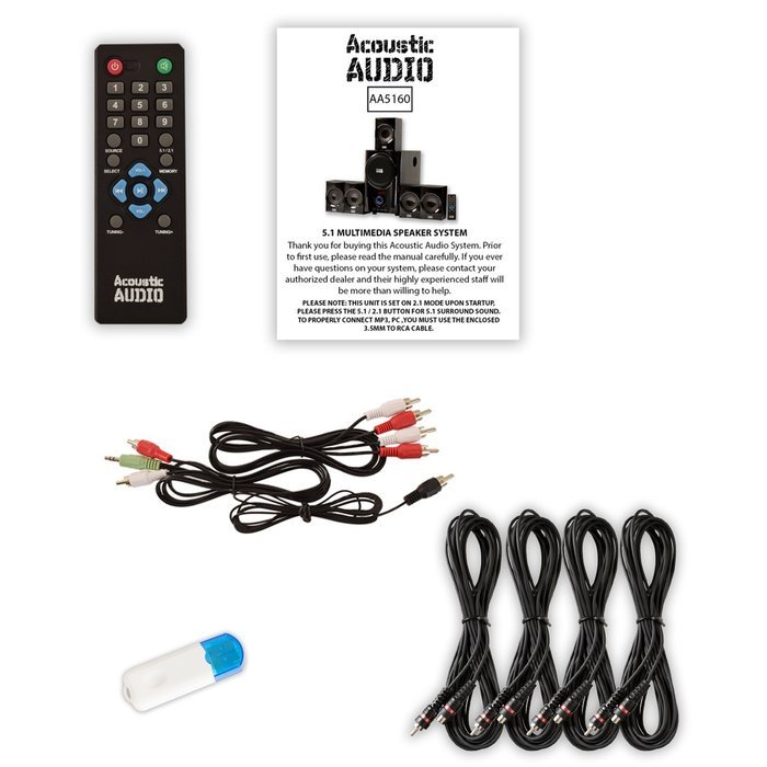 Acoustic Audio AA5160 Home Theater 5.1 Speaker System with USB Bluetooth FM and 4 Extension Cables