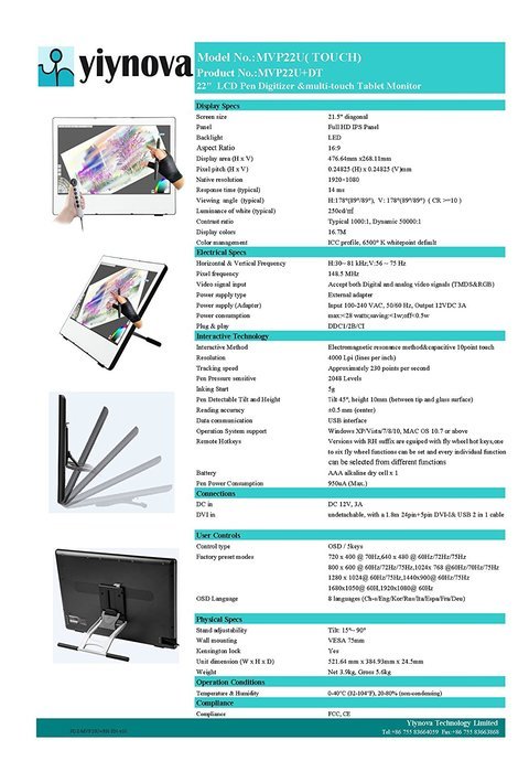 Yiynova MVP22U+DT Full HD Pen/Finger Touch Tablet Monitor,IPS Panel, DVII Digital Input N3