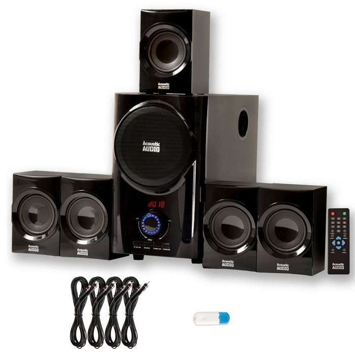 Acoustic Audio AA5160 Home Theater 5.1 Speaker System with USB Bluetooth FM and 4 Extension Cables N2