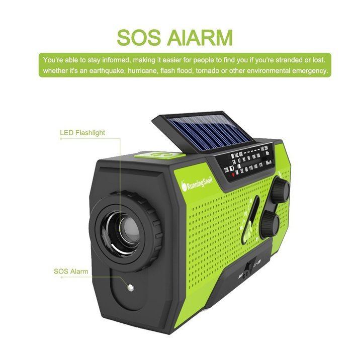 RunningSnail Solar Crank NOAA Weather Radio For Emergency, with 2000mAh Power Bank, Flashlight and Reading Lamp N3