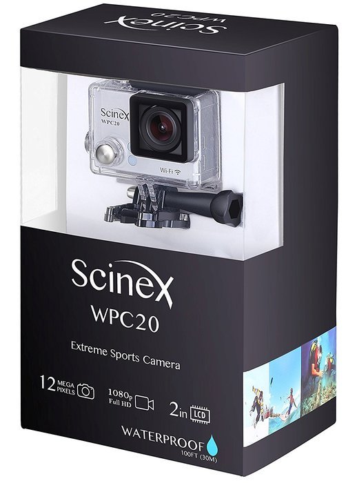 Scinex&reg; WPC20 16GB WiFi HD 1080P 12MP Waterproof Sports Camera + Telescope Pole and Mounts - US Warranty (Silver)