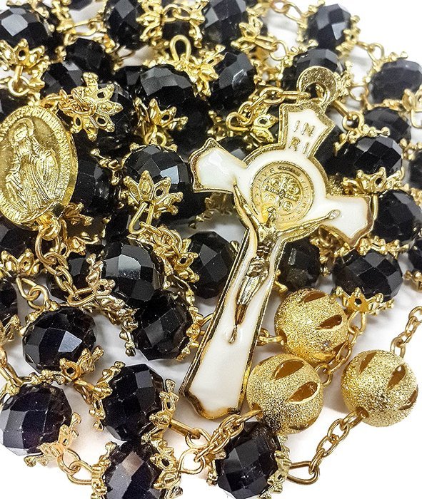 New High Quality St Benedict Gold Plated & Black Crystals Rosary Miraculous Medal N2
