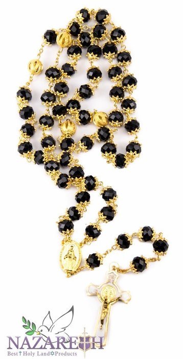 New High Quality St Benedict Gold Plated & Black Crystals Rosary Miraculous Medal N3