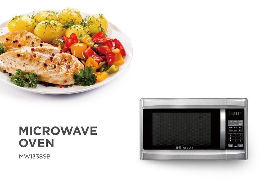 Emerson MW 1338SB, 1.3 CU. FT. 1000 Watt, Touch Control, Stainless Steel Front, Black Cabinent Microwave Oven N3