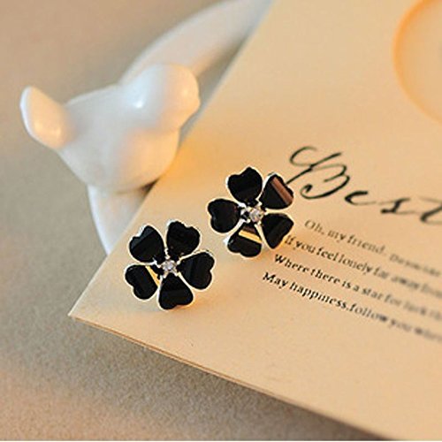 Fashion Elegant Women Silver Plated Flower Crystal Rhinestone Ear Stud Earrings (black)