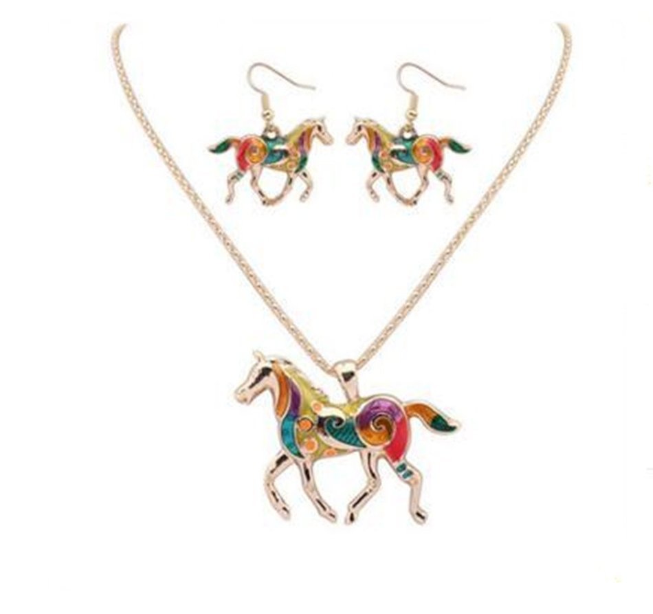 MENGDA Women Jewelry Oil Drip Rainbow Horse Pendant Necklace Earrings Set (WHITE)