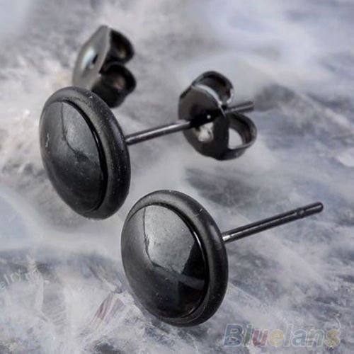 1 Pair Dainty Men's Women's Fashion Black Round Stainless Steel Ear Stud Earring