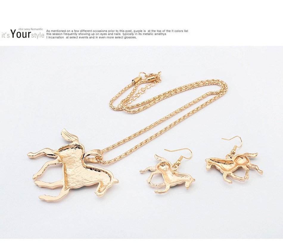 MENGDA Women Jewelry Oil Drip Rainbow Horse Pendant Necklace Earrings Set (WHITE) N3