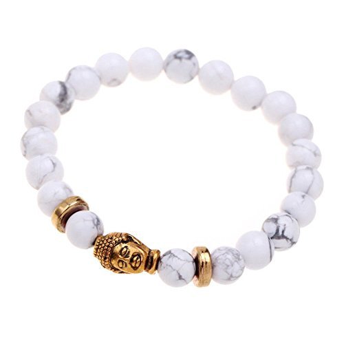 Fashion Men's Natural White Turquoise Stone Bead 8mm Gold Buddha Lucky bracelet