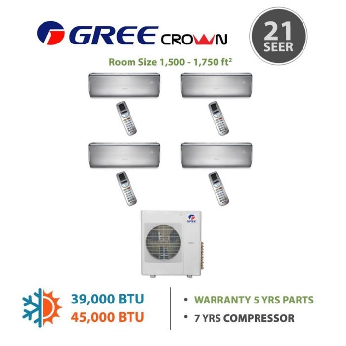 Gree MULTI36BCROWN402 - 36,000 BTU Multi21 Quad-Zone Wall Mounted Mini Split Air Conditioner with Heat Pump 220V...