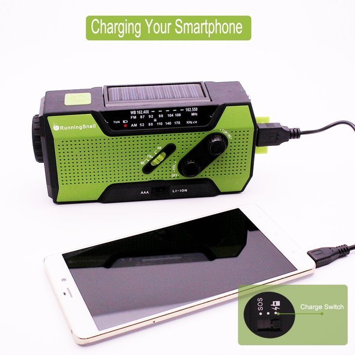 RunningSnail Solar Crank NOAA Weather Radio For Emergency, with 2000mAh Power Bank, Flashlight and Reading Lamp N5