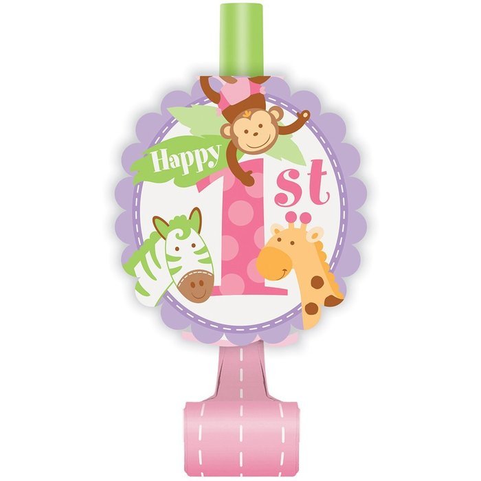 Pink Safari First Birthday Party Blowers, 8ct N25