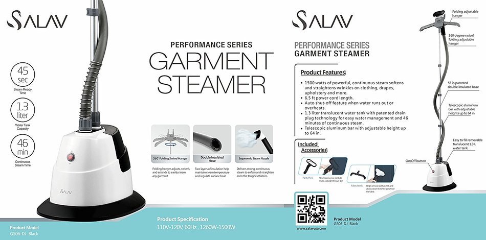 SALAV Performance Series GS-06 DJ Black Garment Steamer with Adjustable Hanger, 1500-watt, Black