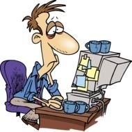 Cartoon tired person with the computer clipart